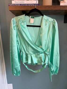 Vintage Satin Wrap Top Mint Green Sears JR Bazaar NWT Puff Sleeve Size 9